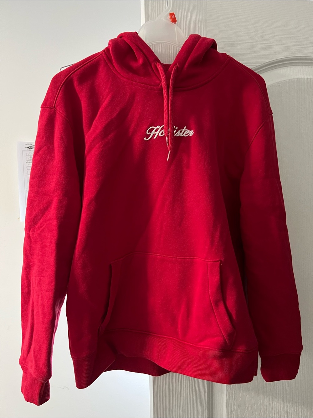 Hollister Men's Bright Red Crewneck Hoodie with Script Logo
